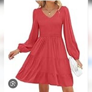 Zesica V-neckline Smocked Tiered Long Sleeve Rayon Dress Women's Size S